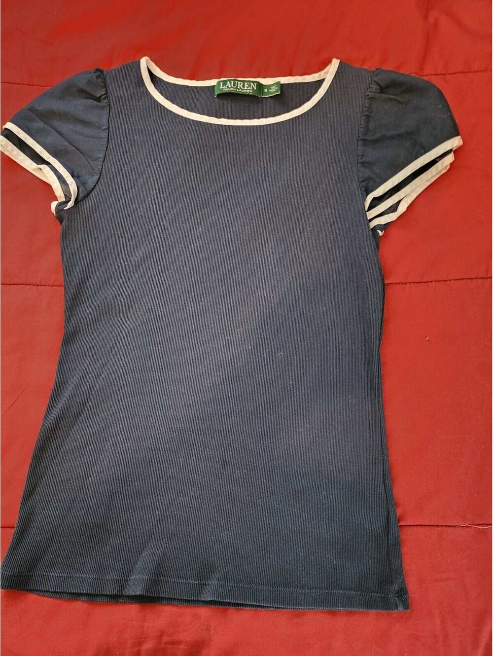 Lauren Ralph Lauren Navy Ribbed Knit Puff Sleeve T-Shirt M Contrast Trim
